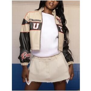 1046 PrettyLittleThing Women's Auto Racing Bomber Jacket Size 4 Cream Black NWT